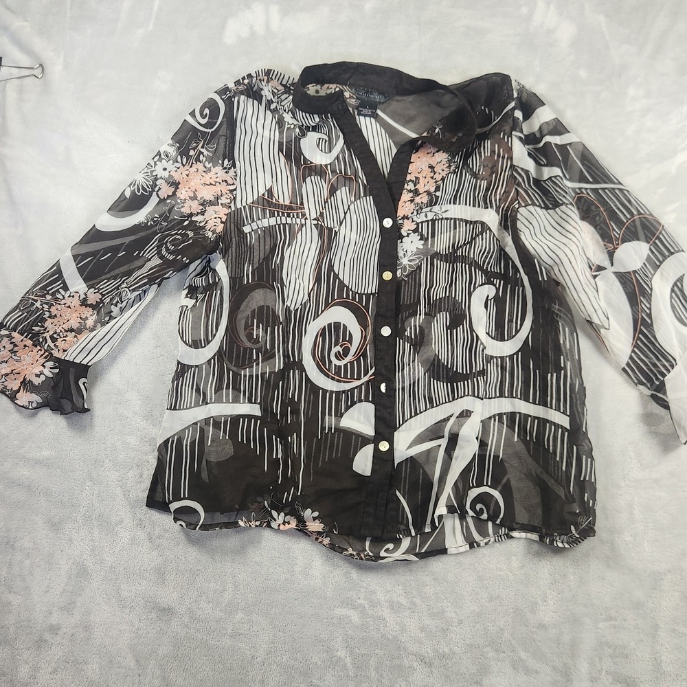 Investments Blouse Large Black Pink Floral Sheer Ruffle Flare Cottage Witchy